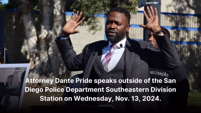 Attorney Dante Pride speaks outside of the San Diego Police Department Southeastern Division Station